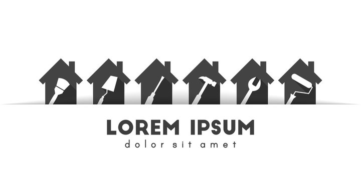 Work tools and home improvement concept. Rotated working tool icons inside the houses. Vector illustration in flat design.