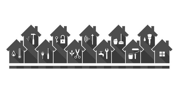 House and various work tools as construction or maintenance concept