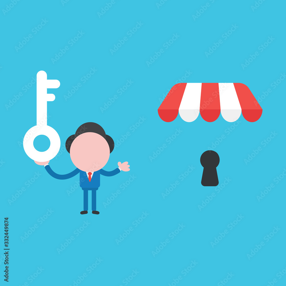 Poster vector illustration of businessman character holding key and showing shop store with keyhole.