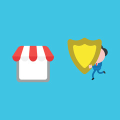 Vector illustration of businessman character running and carrying shield guard to shop store.