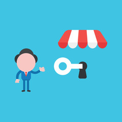 Vector illustration of businessman character showing unlock shop store with key.