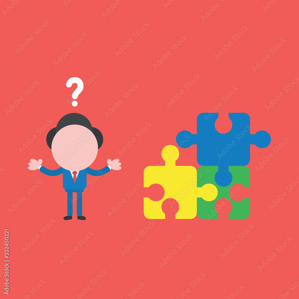 Poster vector illustration of businessman character confused with question mark and three puzzle pieces con