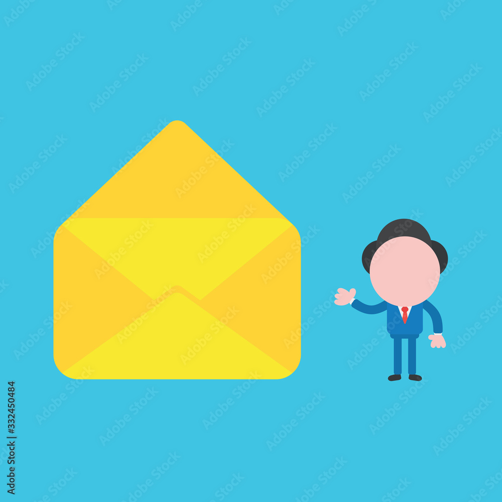 Poster vector illustration of businessman character showing open envelope icon without paper.