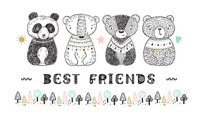 Teddy Bears with "Best Friends" Phrase Vector card. Hand drawn Doodle Cute Baby Panda, Polar bear, Grizzly, Brown Bear. Cartoon tribal Animals. T-shirt print Scandinavian design for kids