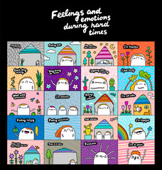 Feelings and emotions while hard times hand drawn vector illustrations in cartoon comic style set of people in isolation quarantine virus infection