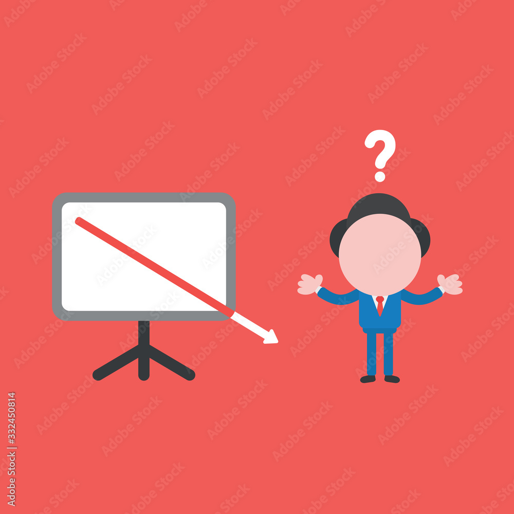 Poster vector illustration of confused businessman character with arrow moving down and out of presentation
