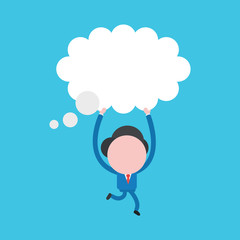 Vector illustration of businessman character running and holding up thought bubble.