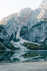 Lago di Braies lake in Italian Alps