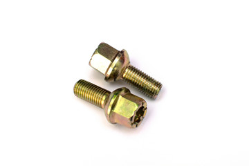 Electroplated car wheel bolt on white background.