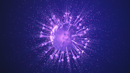 3D-Illustration of the violet corona virus transparent with particles