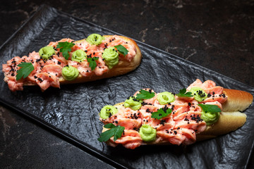 appetizer with trout cream and avocado sauce