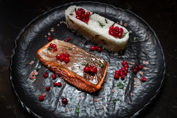 fish steak and rice beautifully decorated