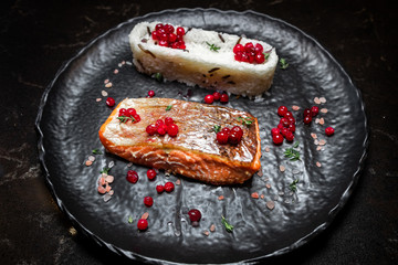 fish steak and rice beautifully decorated