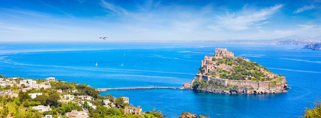 Aerial view of Aragonese Castle, most popular landmark and travel destination located in Tyrrhenian...
