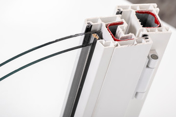 A cross section of wood effect Double glazing cut away to show the inner profile and construction...
