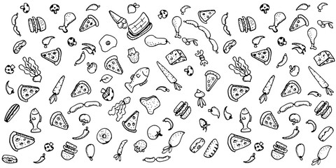 Food doodles on white background. Vector illustration for menu or food package design, banner, presentation design, poster, and flyer. Set of healthy food ingredients. Hand drawn sketches