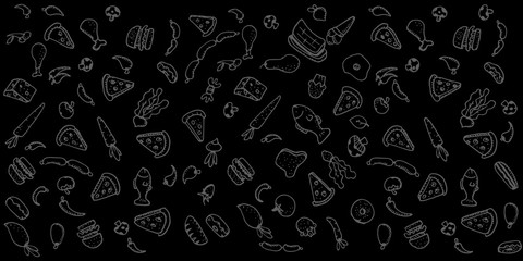 Food doodles on black background. Vector illustration for menu or food package design, banner, presentation design, poster, and flyer. Set of healthy food ingredients. Hand drawn sketches