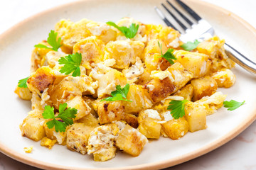 fried dumplings with fried eggs