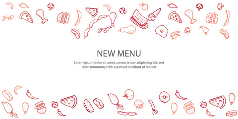 Food doodles on cream background. Vector illustration for menu or food package design, banner, presentation design, poster, and flyer. Set of healthy food ingredients. Hand drawn sketches