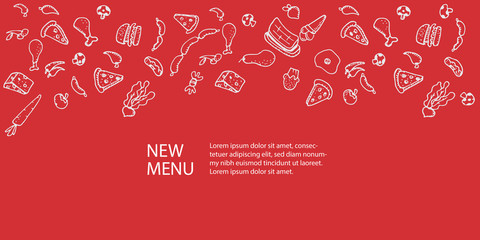 Food doodles on red background. Vector illustration for menu or food package design, banner, presentation design, poster, and flyer. Set of healthy food ingredients. Hand drawn sketches