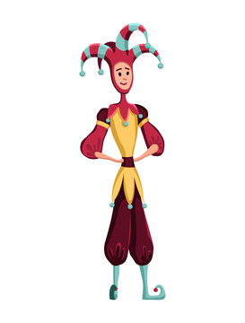Funny castle jester or fool man in colorful clothes. Circus characters. Circus clown in costume, vector character comedian illustration. Fairy Tale Clown, Ancient Fair Market Comic Person