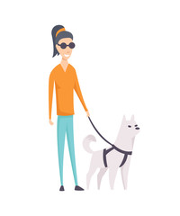 Dog companion and blind girl on walk isolated on white background - blind person and guide dog. Vector pet companion and blind girl person illustration