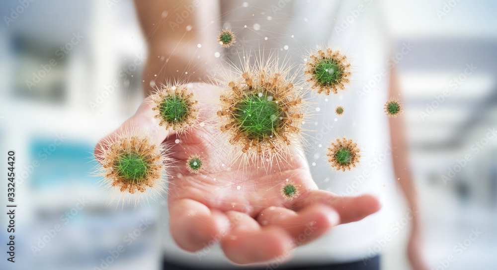 Poster Man on blurred background analyzing coronavirus close-up 3D rendering