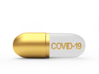 Golden medical capsule with Covid-19 coronavirus icon isolated on white background. 3D illustration