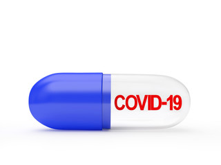 Blue medical capsule with Covid-19 coronavirus icon isolated on white background. 3D illustration