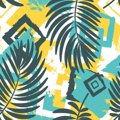 Tropical palm leaf on geometrical   background. Vector  abstract illustration for textile, print, wallpapers, wrapping.