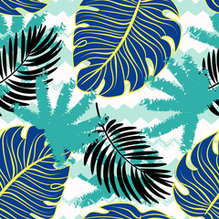 Vector seamless tropical pattern with leaves on white  background. Vector  floral illustration for textile, print, wallpapers, wrapping.