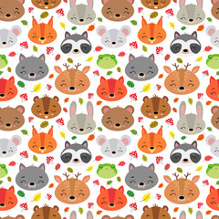 Cute vector illustration with wild forest animals. Seamless pattern. Background. Adorable cartoon faces. Bear, wolf, fox, squirrel, deer, raccoon, beaver, hare, mouse, frog. Print, children's decor.