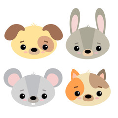 Set of cute vector illustrations in flat style isolated on white background. Pets. Dog, cat, rat and rabbit in cartoon style. For design and children's decor.