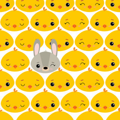 Cute vector illustration with spring chicken and a rabbit. Seamless pattern. Background. Adorable cartoon faces. Easter theme. For design, print on fabric, wallpaper, children's decor.