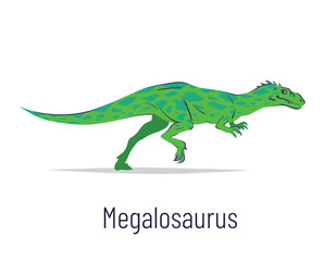 Megalosaurus. Theropoda dinosaur. Colorful vector illustration of prehistoric creature megalosaurus in hand drawn flat style isolated on white background. Predatory fossil dinosaur.