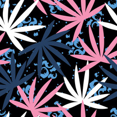 Vector seamless tropical pattern with leaves on black  background. Vector  floral illustration for textile, print, wallpapers, wrapping.