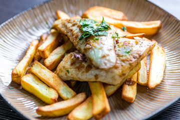 fried zander with homemade potato chips