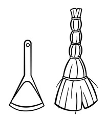 Cartoon isolated besom and dustpan for cleaning in black lines on white background