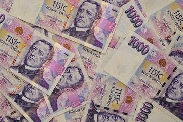 Czech currency. Scattered thousands of crowns.