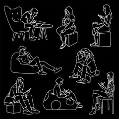 Obraz premium Set of women sitting in different poses. Monochrome vector illustration of women doing various things sitting in simple line art style. White lines isolated on black background. Hand drawn sketch.