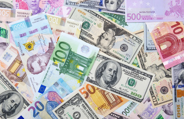  dollar, euro and hryvnia banknotes