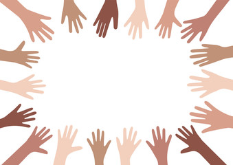 Hands up vector illustration with different skin colors. Raised hands vector concept. Volunteering charity, votes and donation. Frame with hands