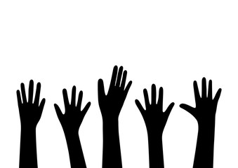 Hands up vector illustration in black color. Raised hands vector concept. Volunteering charity, party, votes, donation, team, help, friendship. Isolated on white background