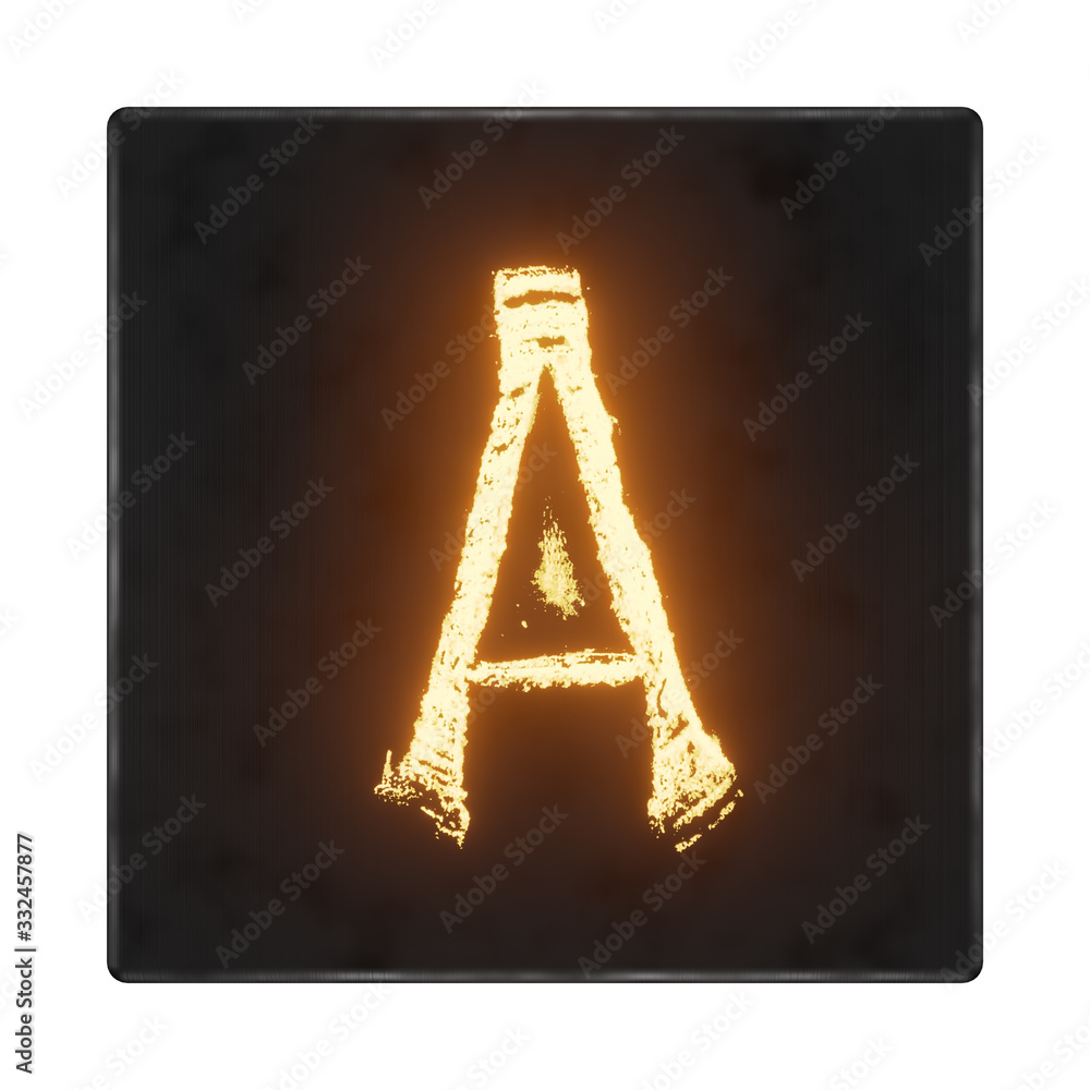 Fototapete english letter a. the letters in the form of hot metal in a dark box with tecture. 3d render.
