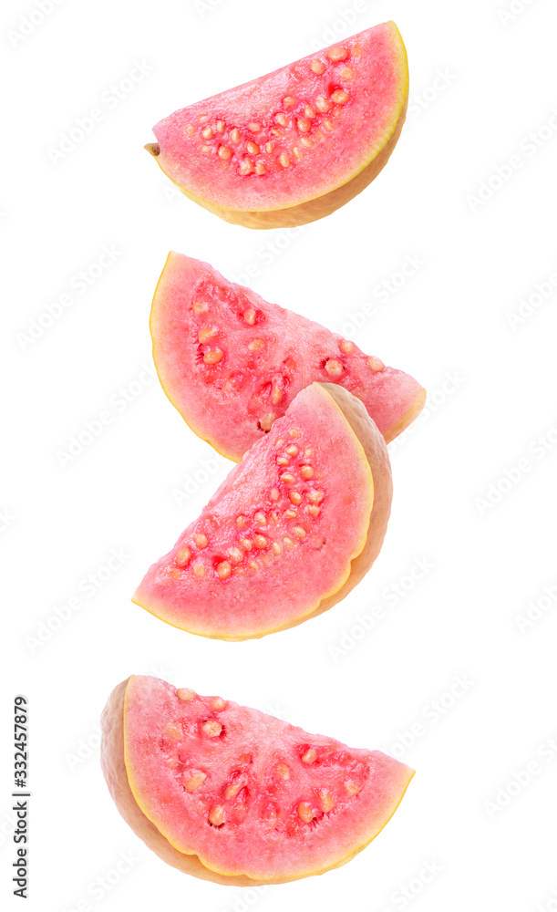 Poster isolated guava slices. four wedges of yellow guava fruits with pink flesh isolated on white backgrou