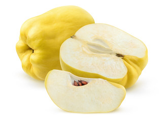 Isolated quince fruits. Cut fresh quinces isolated on white background with clipping path