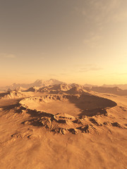 Impact crater in the mountains of a desert landscape or alien planet, 3d digitally rendered illustration - obrazy, fototapety, plakaty