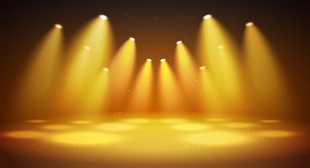 Bright warm spotlights with stage. Big space for light background. Vector.