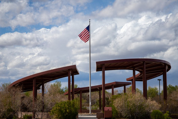 United States flag sits among a structure at a Las Vegas park
