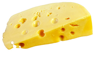 A piece of Maasdam President cheese, isolated